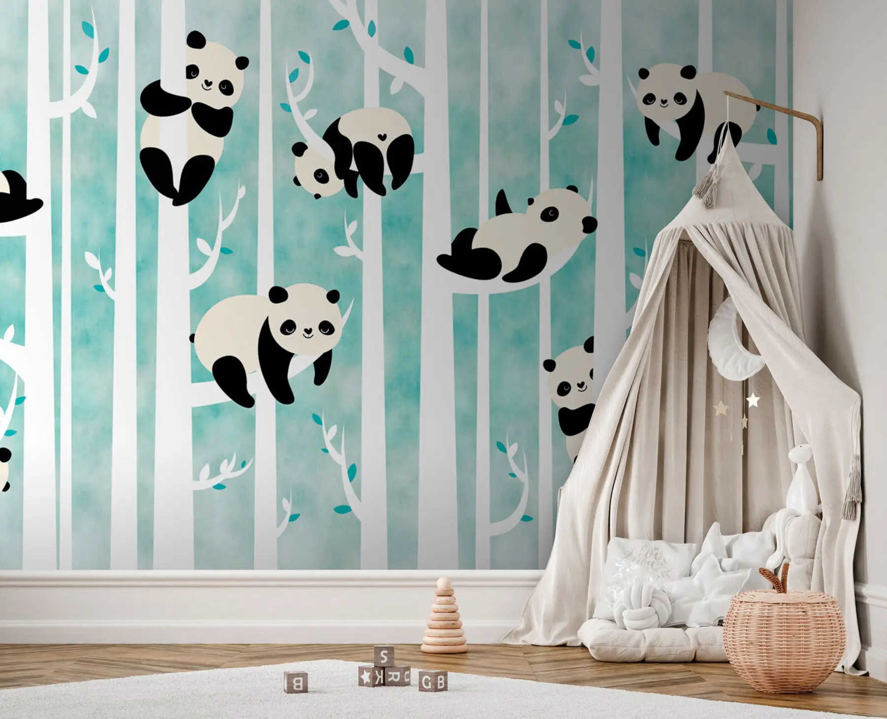 Valokuvatapetti Iloiset kiinalaiset satupandat puihin lastenhuoneeseen u95025