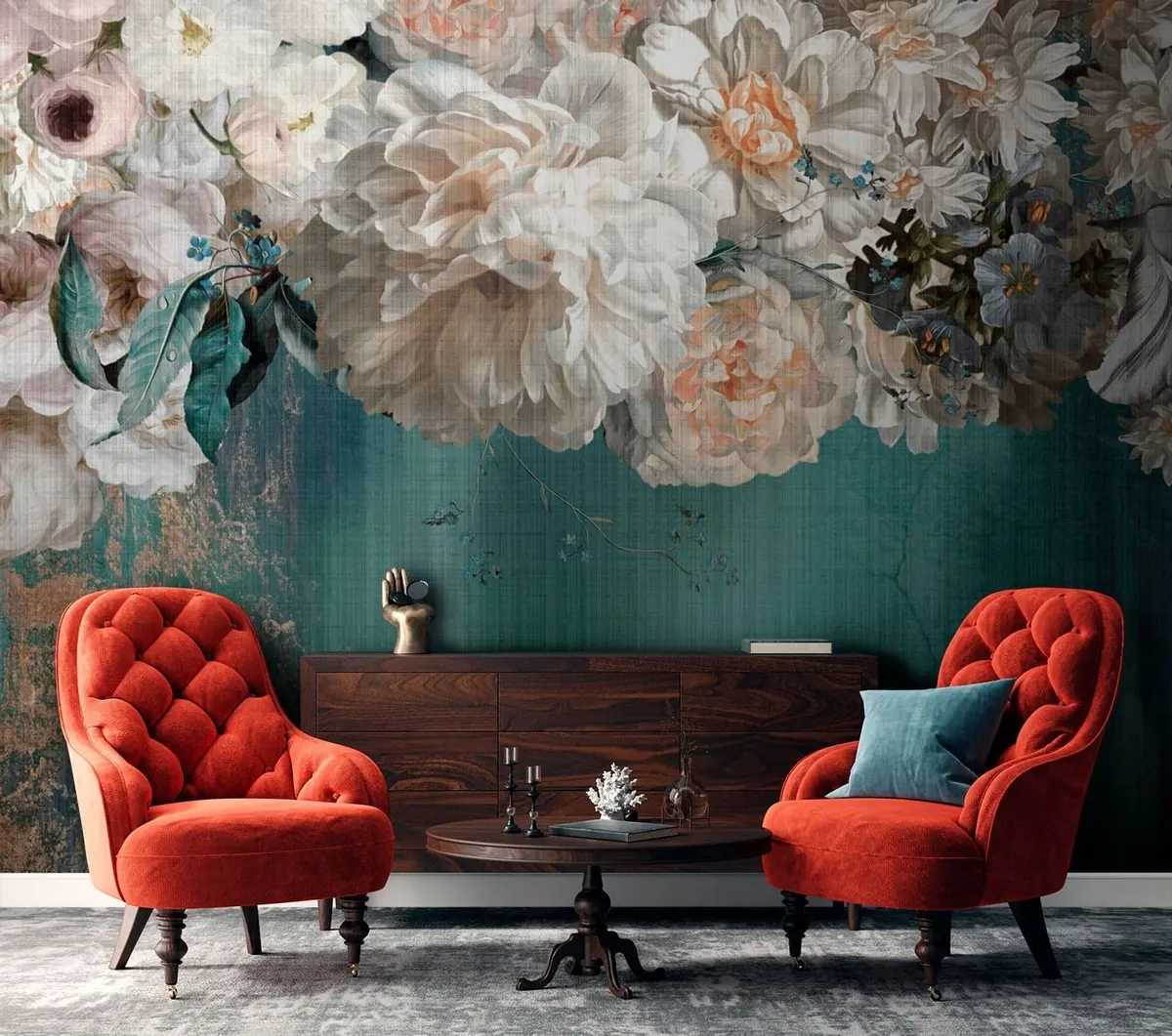 Valokuvatapetti Suuri rehevä kukkakimppu grunge-kuvioidulla u95430