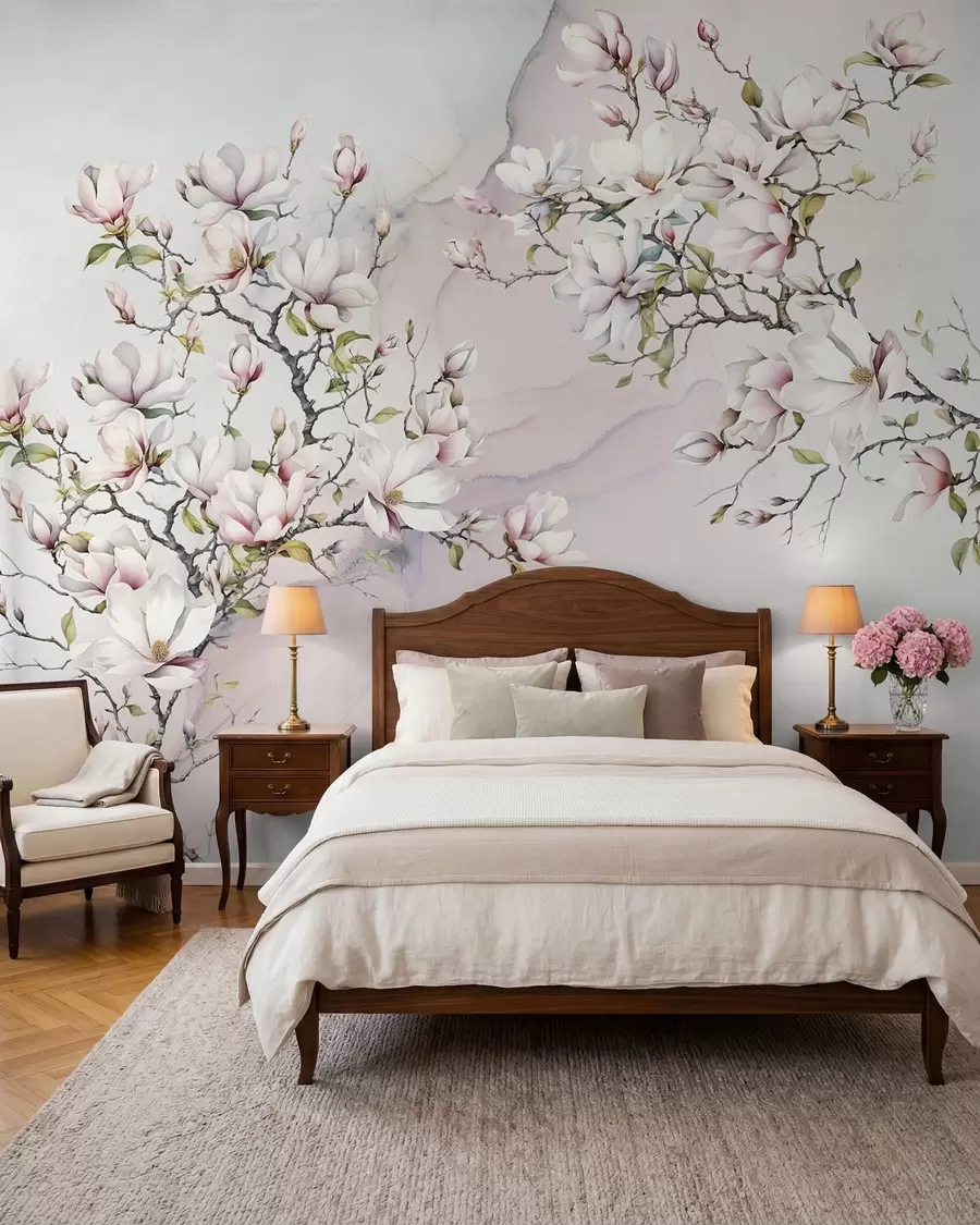 Valokuvatapetti Kukkivat magnoliapuut marmoritaustalla u96114