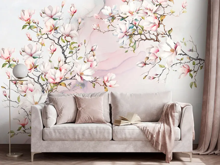 Valokuvatapetti Kukkivat magnoliapuut marmoritaustalla u96114
