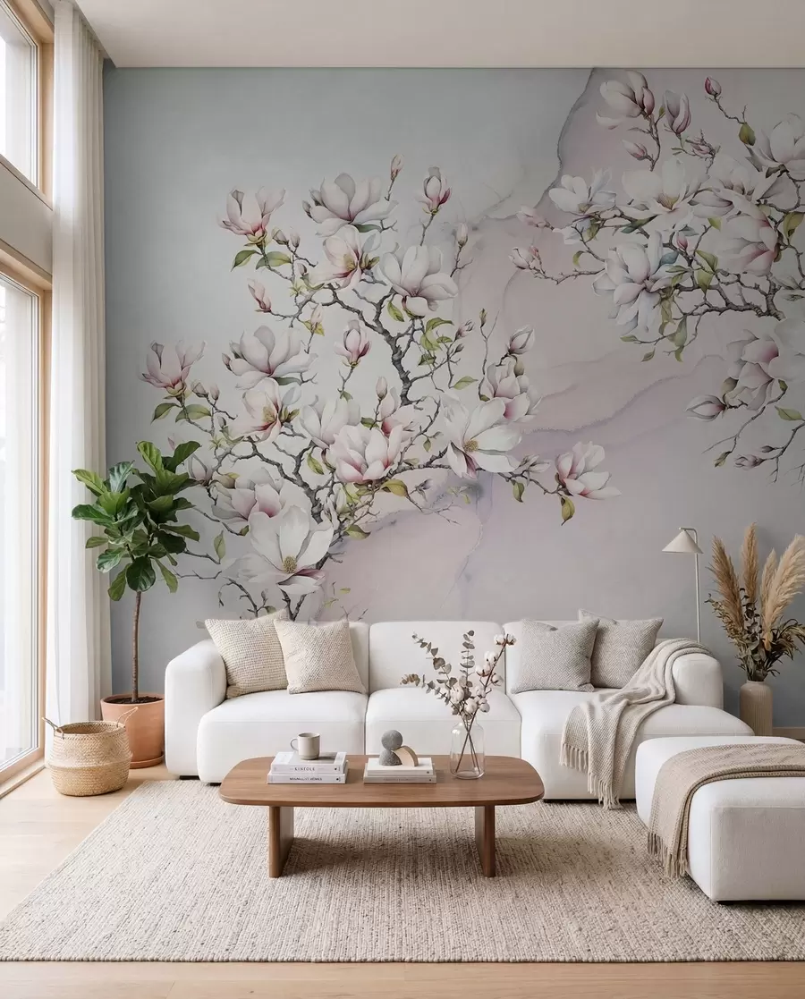 Valokuvatapetti Kukkivat magnoliapuut marmoritaustalla u96114