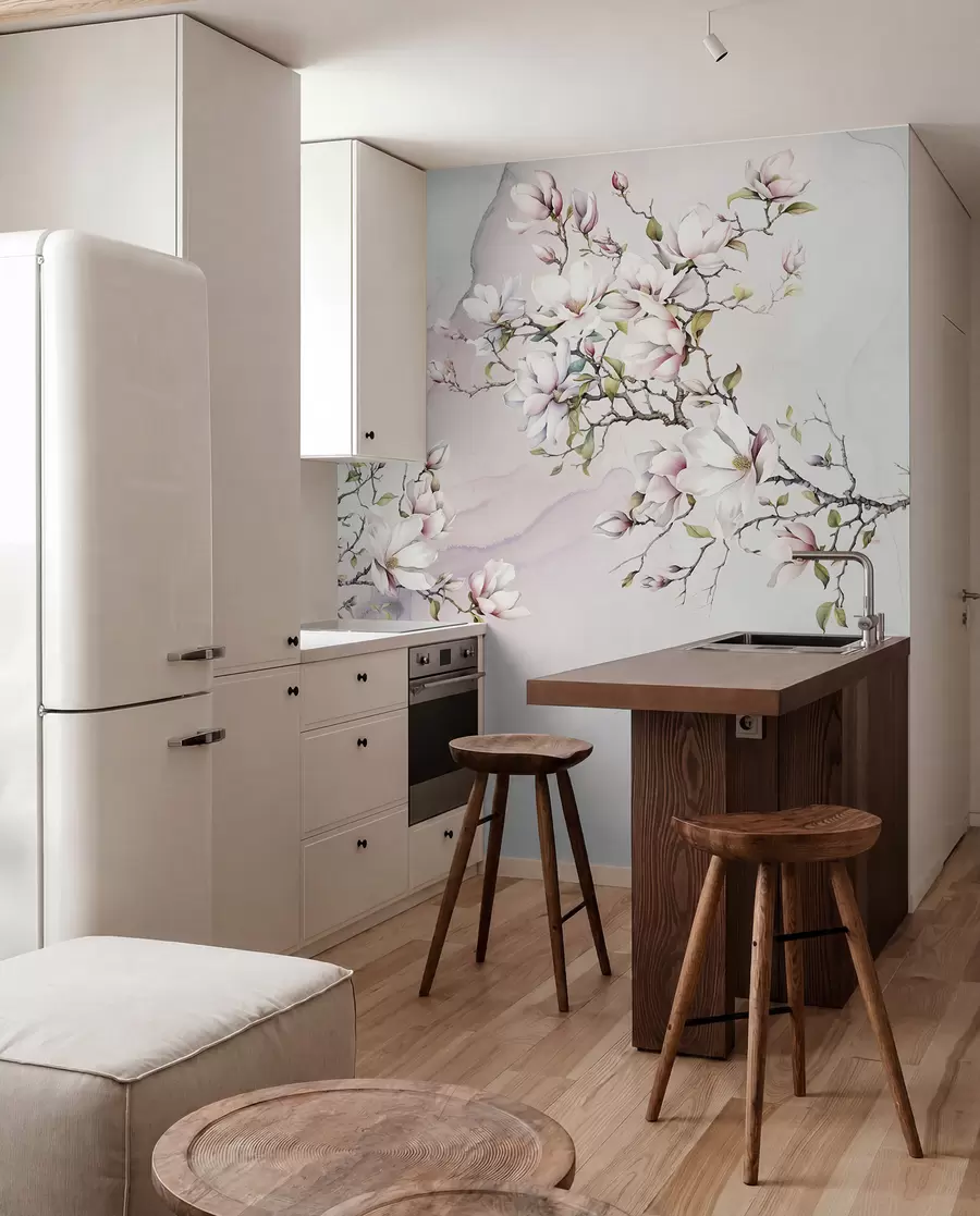 Valokuvatapetti Kukkivat magnoliapuut marmoritaustalla u96114