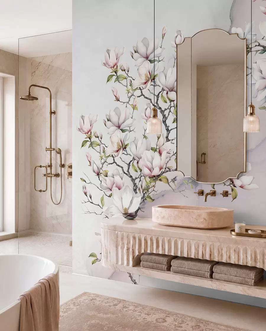 Valokuvatapetti Kukkivat magnoliapuut marmoritaustalla u96114