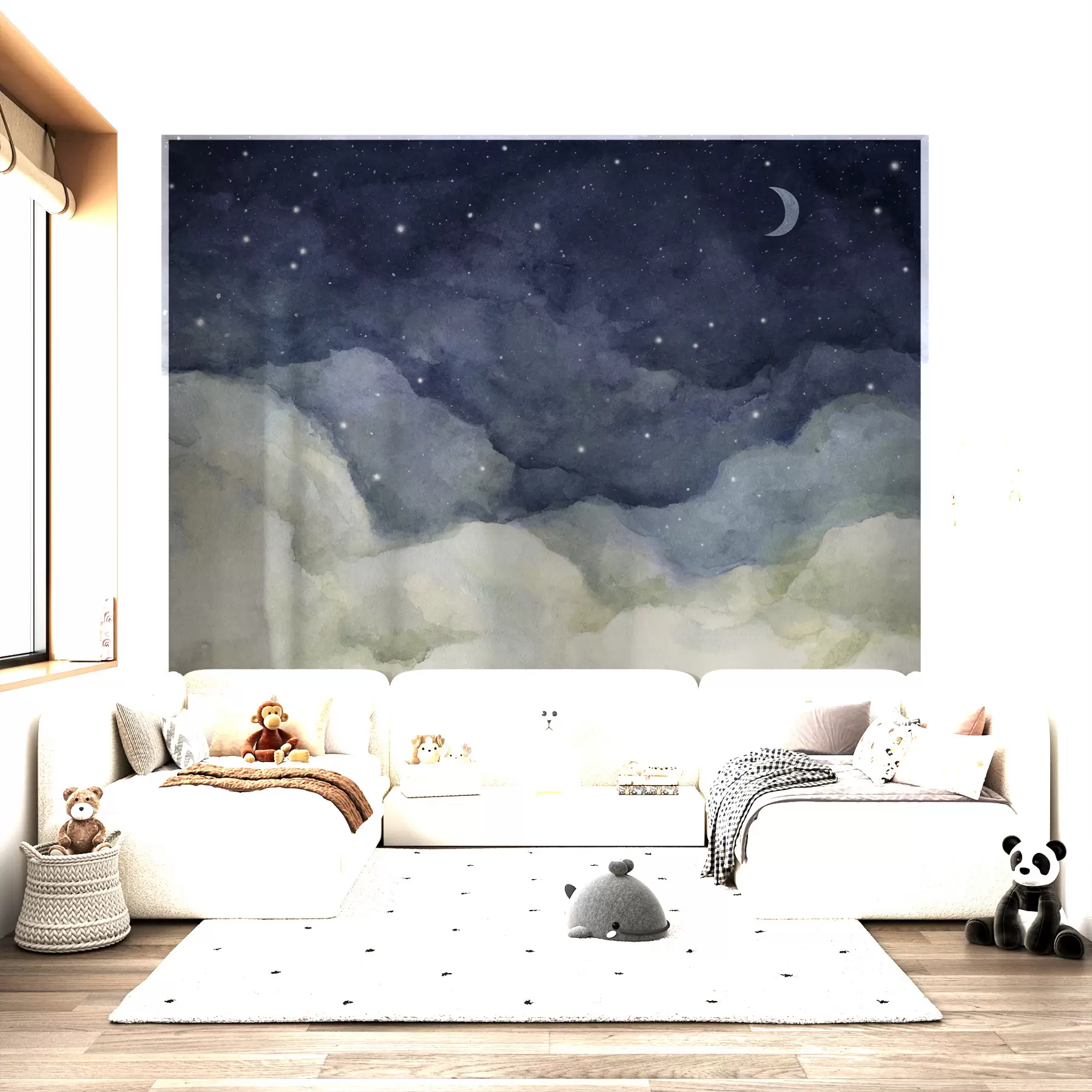 Valokuvatapetti Akvarellimaalaus yötaivaasta puolikuun ja loistavien tähtien kanssa u96076