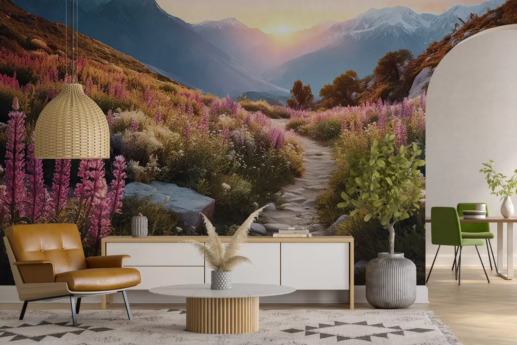 Valokuvatapetti Vuoristomaisema maagisia kukkia u96210