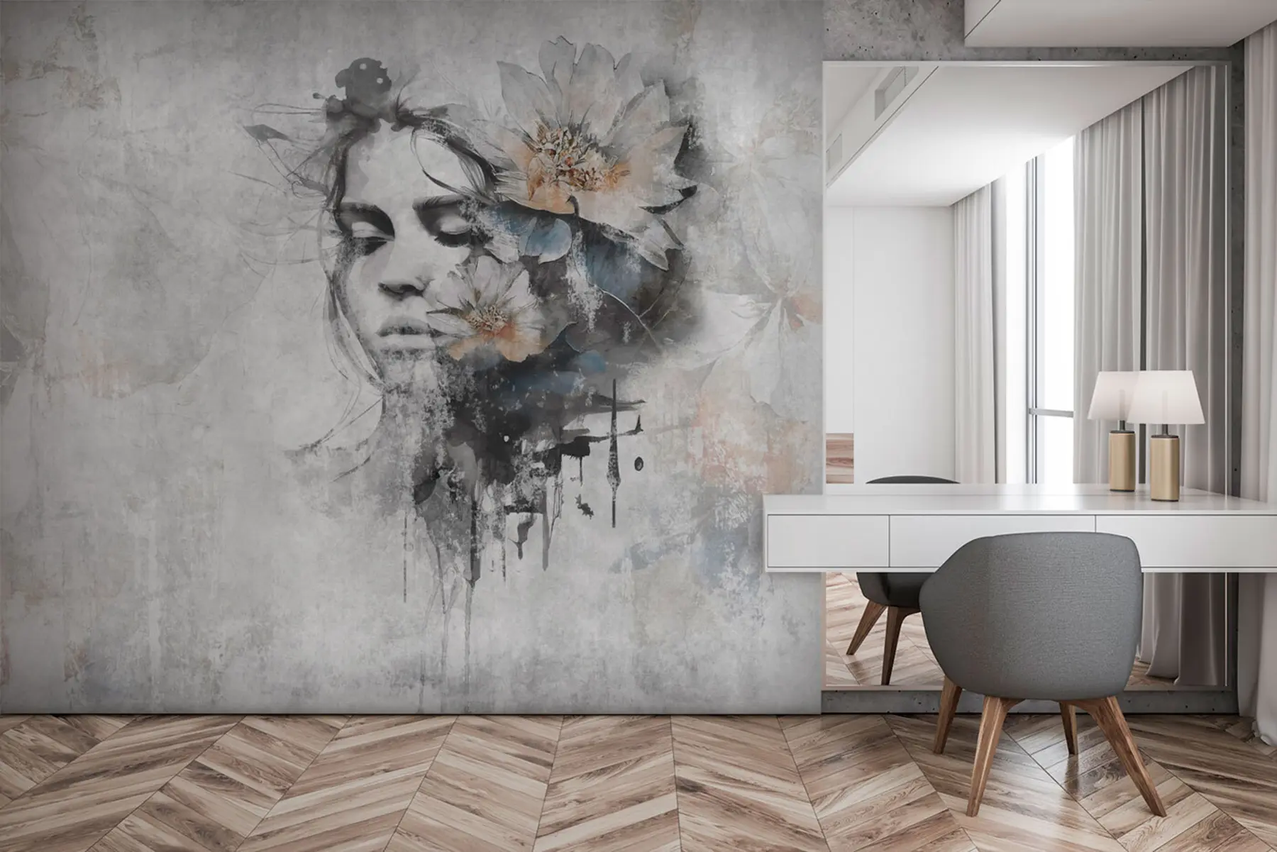 Valokuvatapetti Tytön kasvojen siluetti betoniseinällä u96118