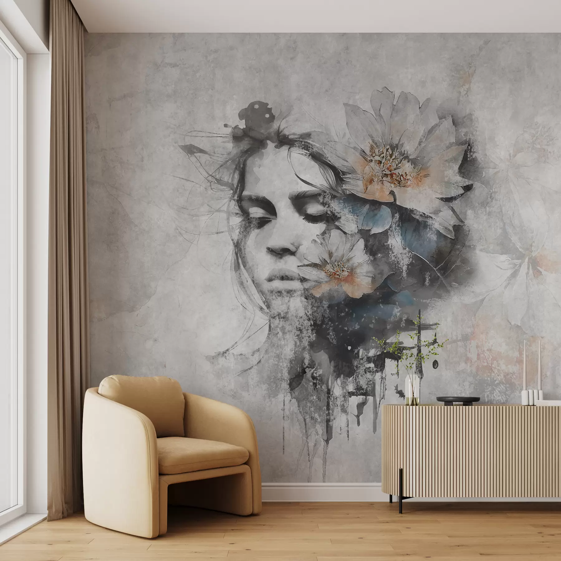 Valokuvatapetti Tytön kasvojen siluetti betoniseinällä u96118