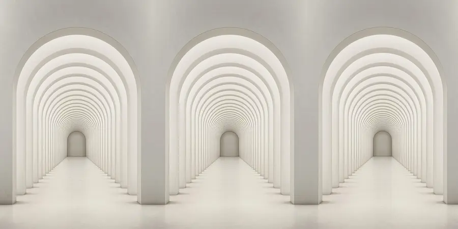 Valokuvatapetti Valkoinen betonikaari, joka on rivissä pitkänä rivinä, jossa on valoa. u96604