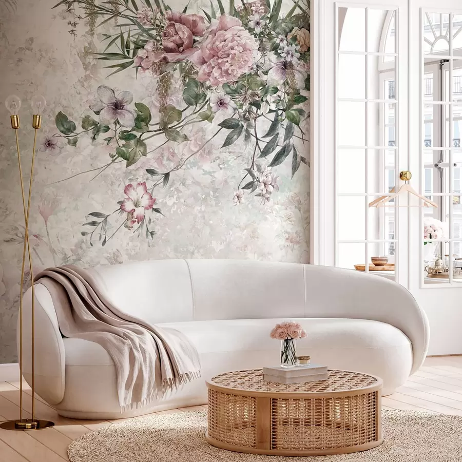 Valokuvatapetti Vintage-kukkia marmoriseinällä u97046