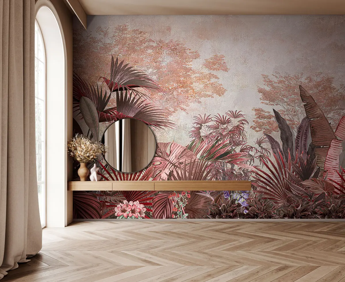 Valokuvatapetti Kuvitus vintage-trooppisesta tapetista, jossa on eksoottisia palmulehtiä u97104