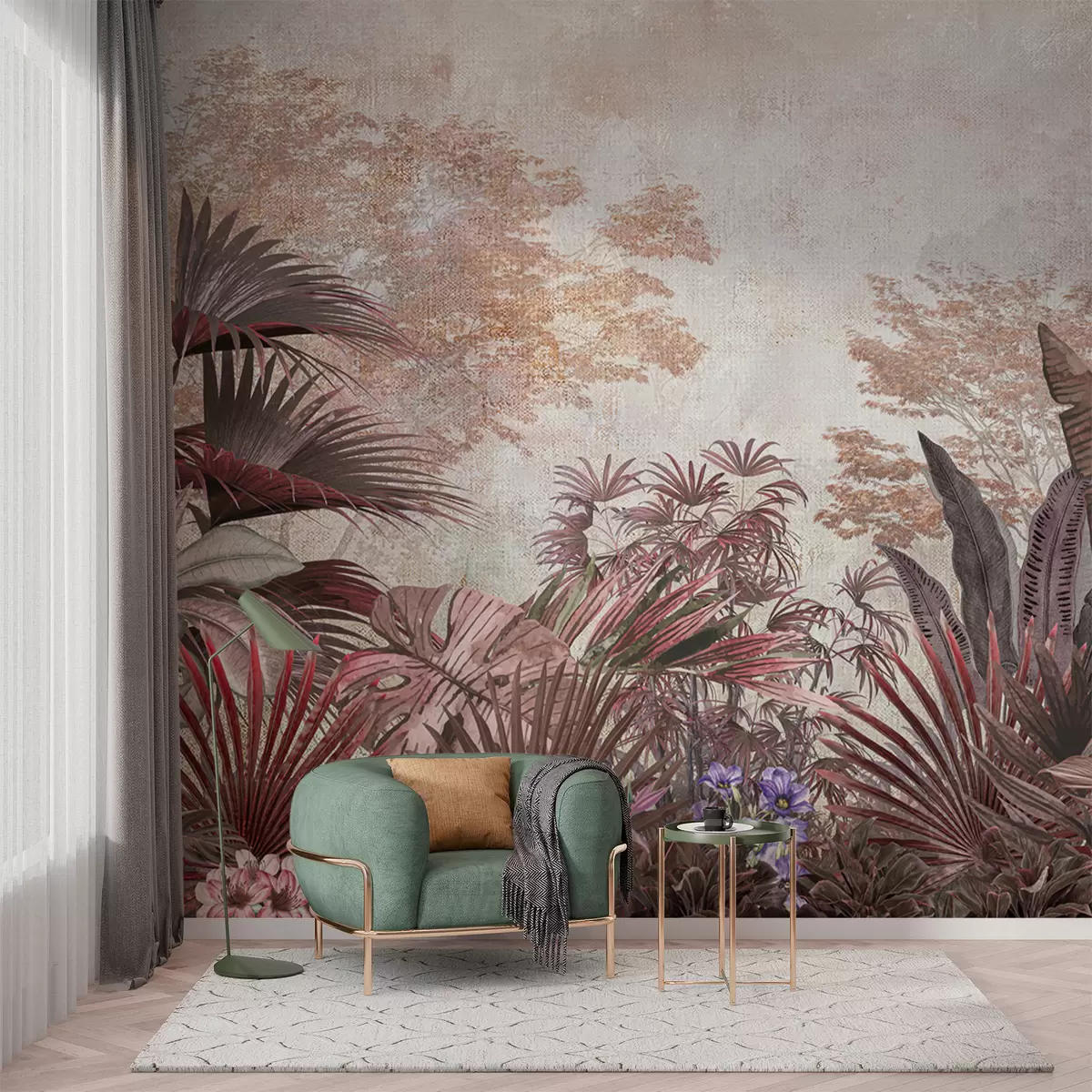 Valokuvatapetti Kuvitus vintage-trooppisesta tapetista, jossa on eksoottisia palmulehtiä u97104