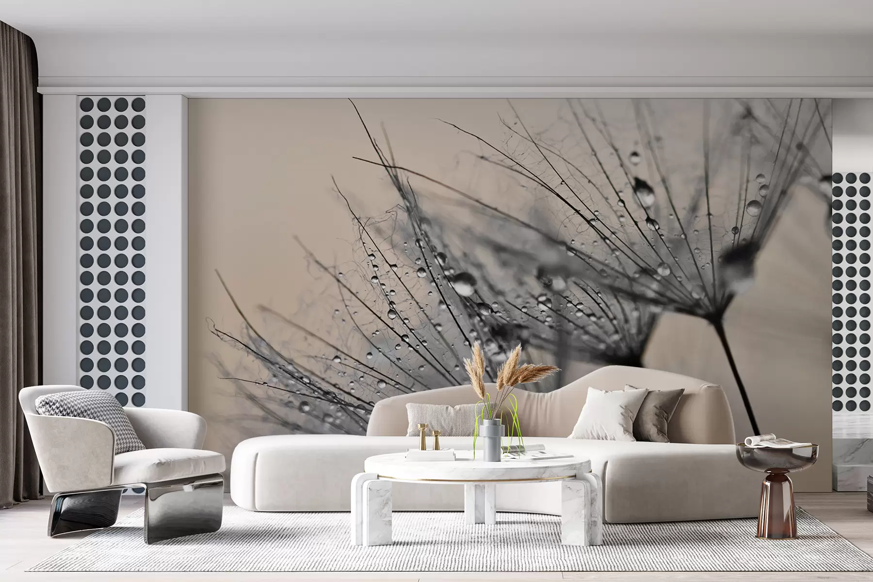 Valokuvatapetti Voikukkia harmailla vesipisaroilla u57557v2