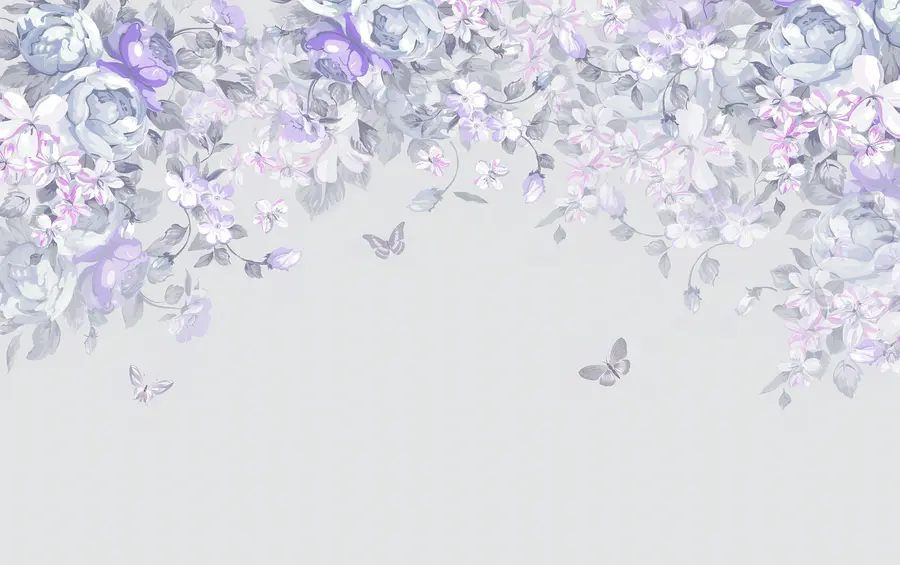 Valokuvatapetti Lila puutarha kukkia ja perhosia u94295v3