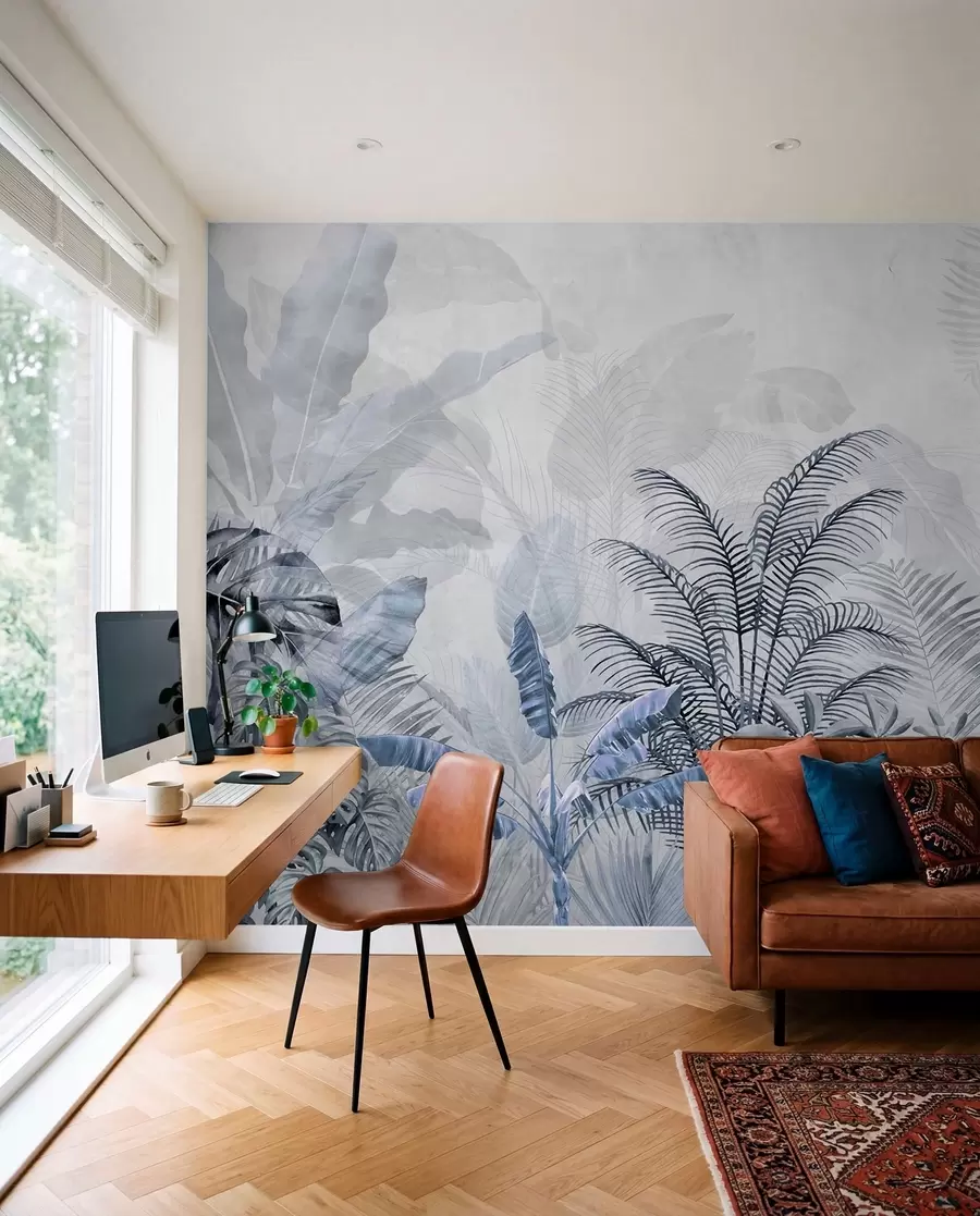 Valokuvatapetti Palmuja harmaa väri sinisissä väreissä u71284v1
