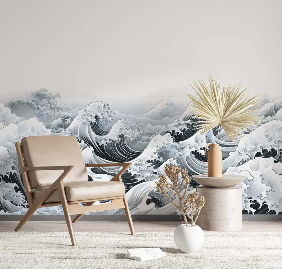 Valokuvatapetti Japanilaistyylinen meren aallot, valtameri-teema, meri, pehmeät värit u98898