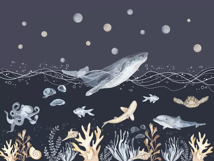 Valokuvatapetti Vedenalainen merielämä, valas, delfiini, korallit, merieläimet, Beige ja Sininen u98902v1