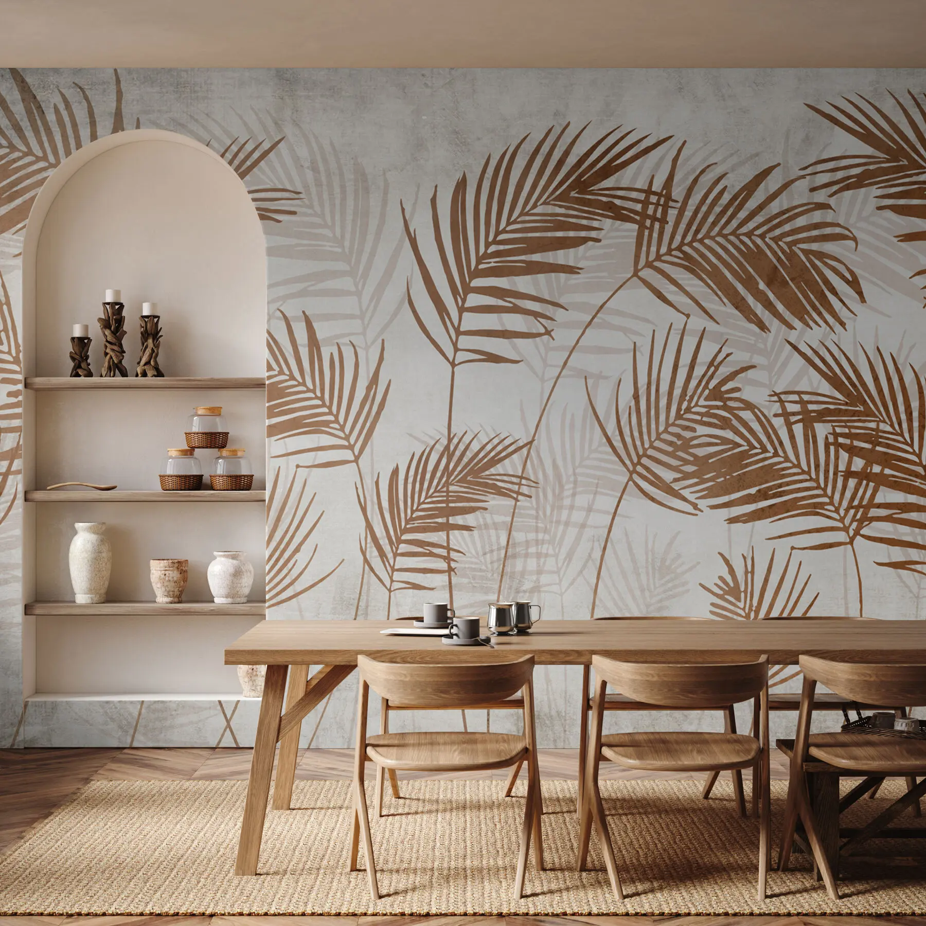 Valokuvatapetti Taustakuva suunnittelu trooppisia puita ja lehtiä sumuinen metsä u98974