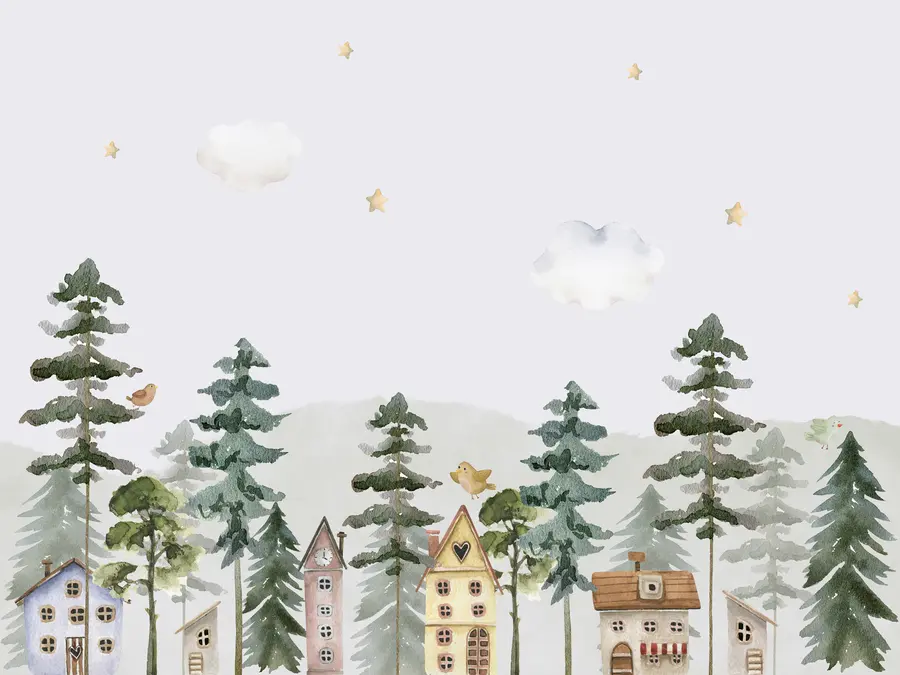 Valokuvatapetti Mäntymetsä, jossa on lintuja ja söpöjä taloja, vihreät ja beiget värit u98989