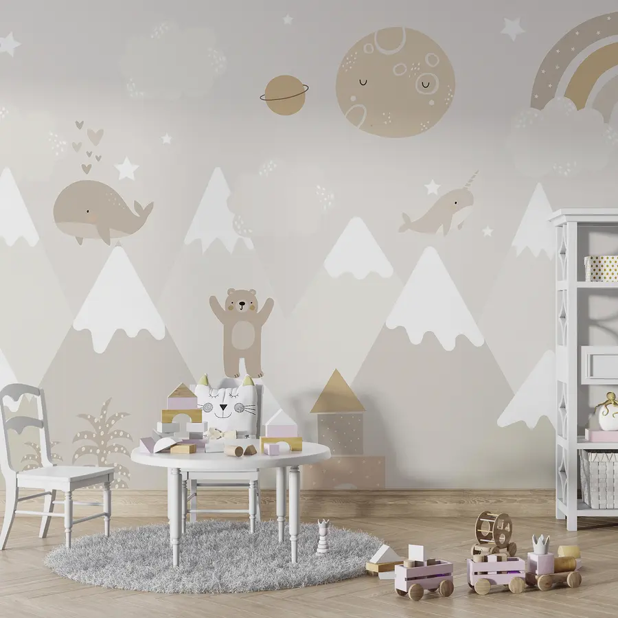 Valokuvatapetti Vuoret söpöjä eläimiä, pilviä ja planeettoja, beige värit u99206