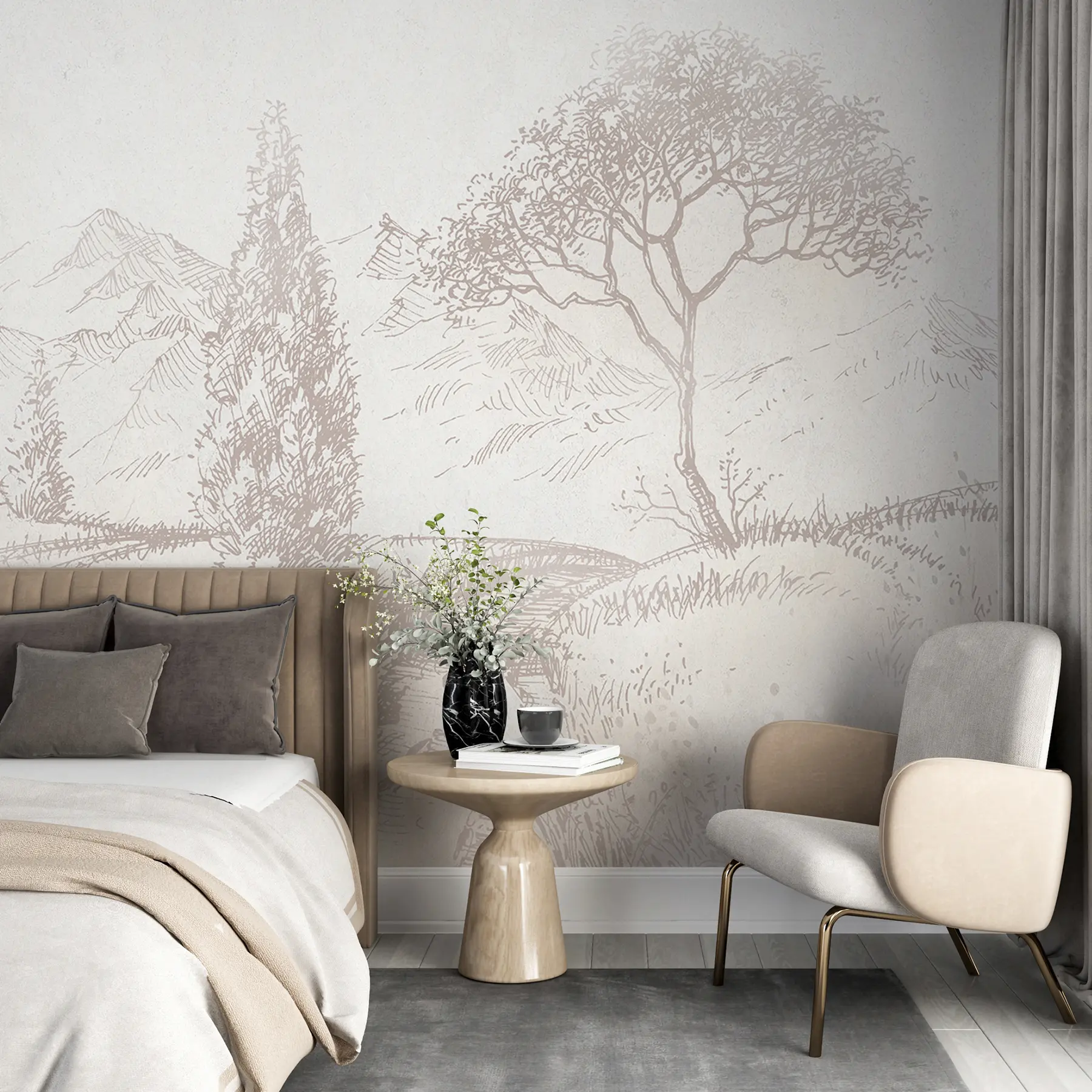 Valokuvatapetti Toscanan maisema, puu, kenttä, minimalismi, luonnolliset beige värit u99570