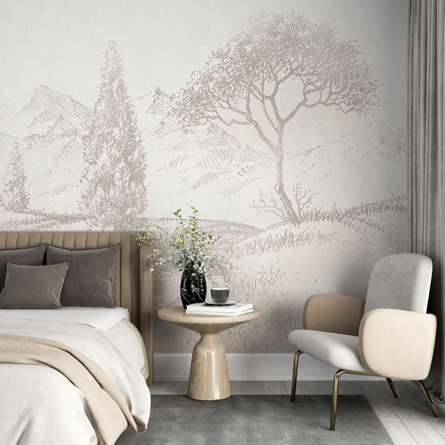 Valokuvatapetti Toscanan maisema, puu, kenttä, minimalismi, luonnolliset beige värit u99570